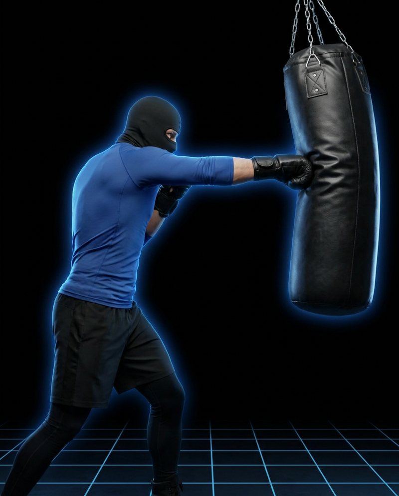 The boxer throwing a straight punch into a heavy bag